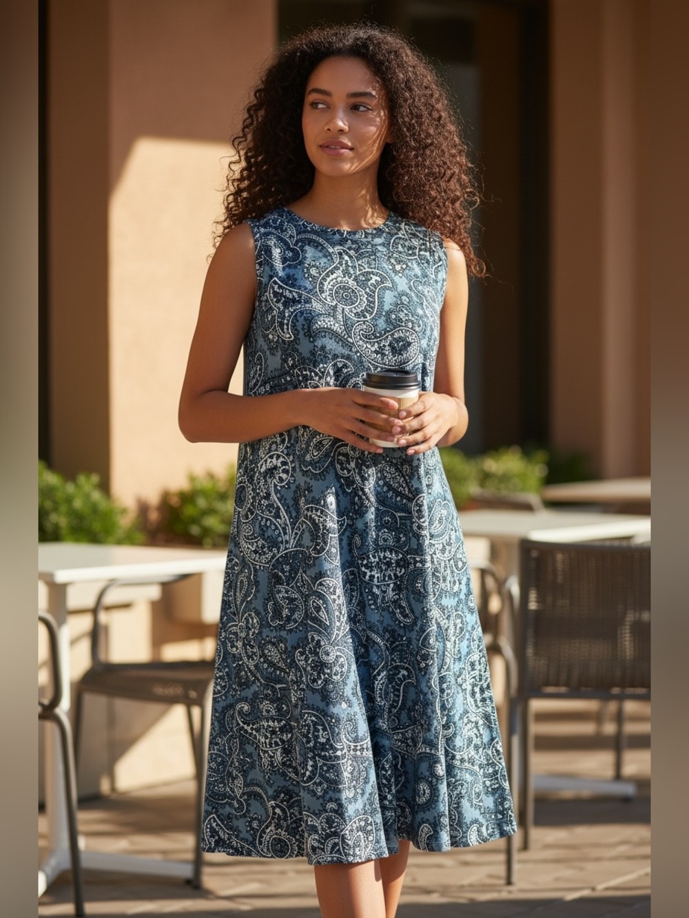 Ann Taylor LOFT Slate Blue Paisley Sleeveless Swing Shift Dress - Size Medium